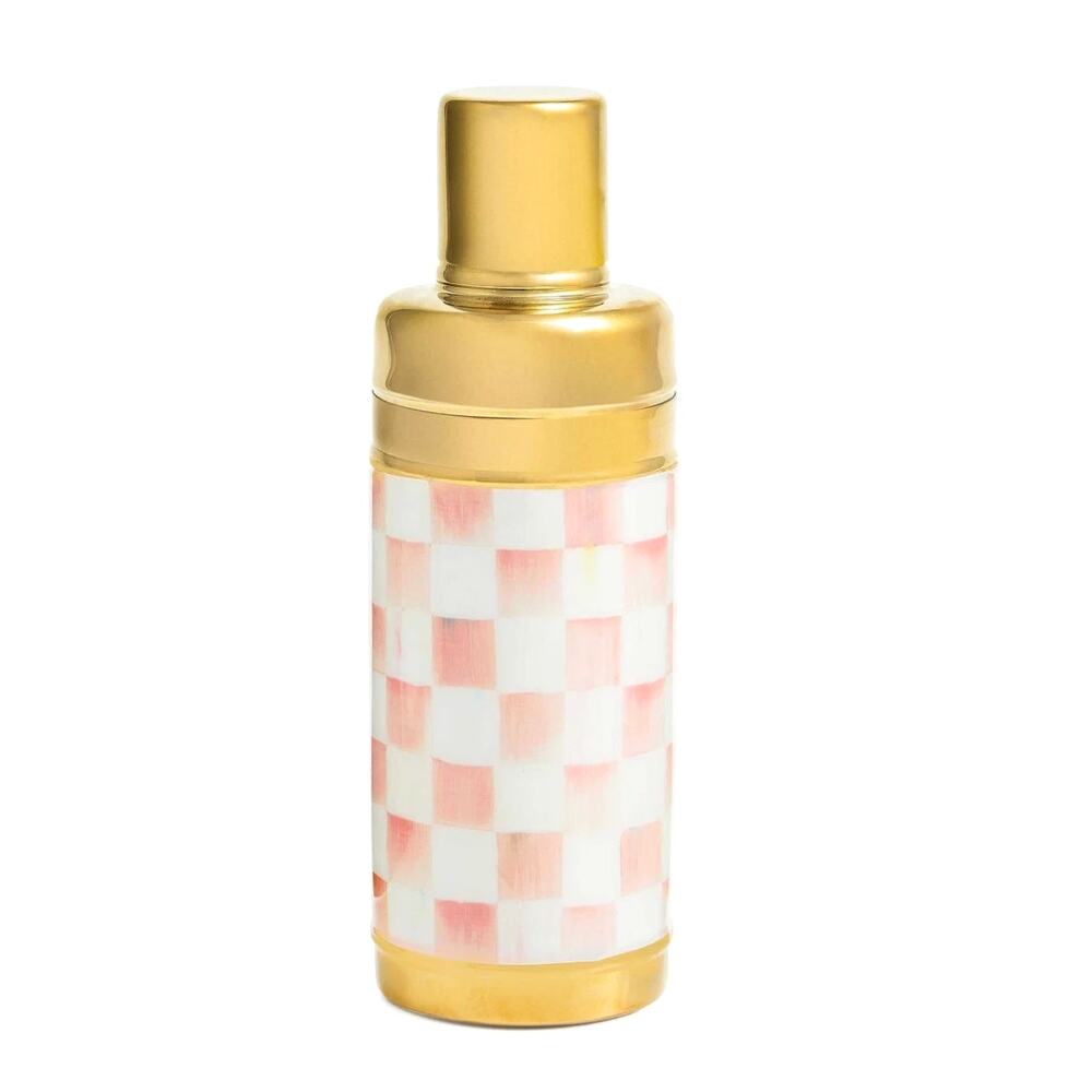 New MacKenzie-Childs Rosy Check 3260 Gold Cocktail Shaker Chic Pink Bareware
